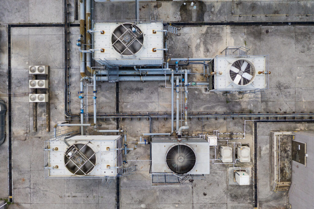Top view of cooling towers on a building