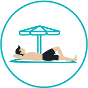 Man relaxing on beach icon. Parity reduces the workloads of resident managers in Multifamily Condos & Co-Ops, Multifamily Rentals, and hotels.