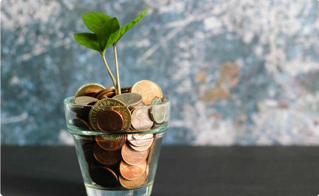 A cup filled with coins and a plant is growing out of it. Working with Parity means guaranteed savings on your utility bill.